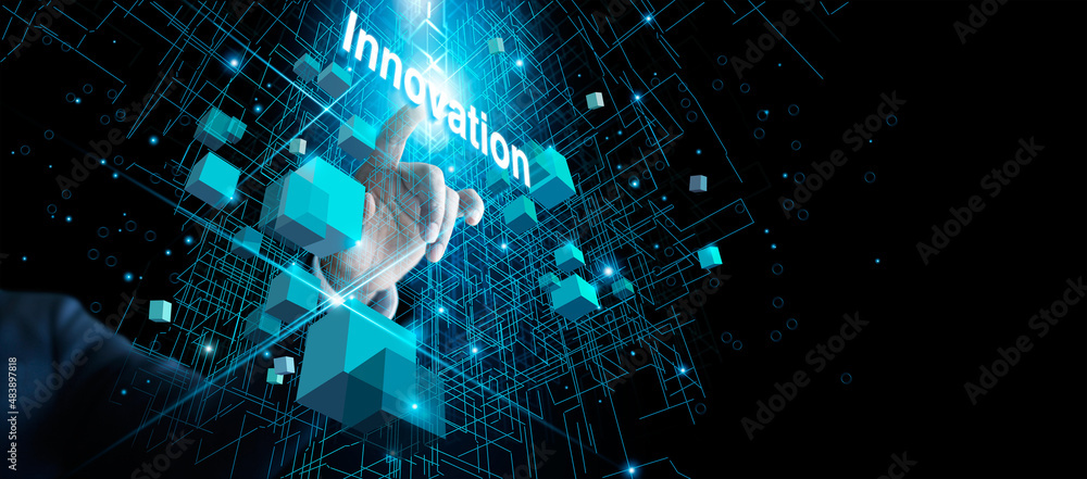 Poster .businessman pointing word of innovation in structure global network connection, block chain, big da