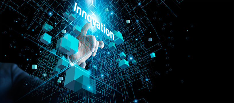 .Businessman pointing word of innovation in structure global network connection, Block chain, Big data, Security on cyber network, communication, Innovation technology concept.