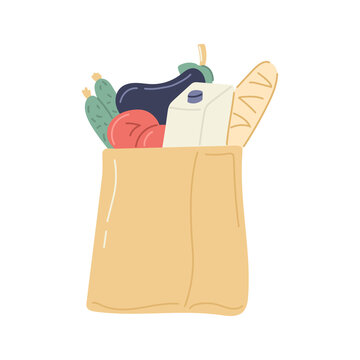 Paper shopping bag full of healthy farm eco friendly food and drink isometric vector illustration. Craft package with milk box, cucumber, long loaf, tomato, eggplant grocery express delivery service