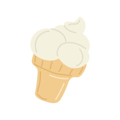 Fresh appetizing white vanilla ice cream cornet vector doodle illustration. Cone whipped creamy dairy dessert cold delicious tasty summer snack isolated. Sweet natural organic waffle cornet