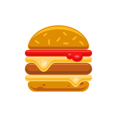 Appetizing fresh burger with melting cheese, ketchup and tasty bun icon vector flat illustration. Unhealthy cheeseburger unhealthy fast food snack label for menu cafe or restaurant. Homemade cook meal