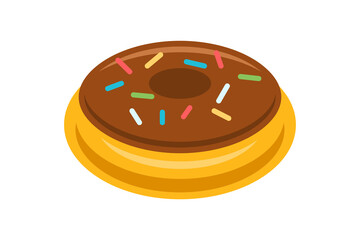 Baking circle ring doughnut covering by chocolate icing and multicolored sprinkling icon vector flat illustration. Simple badge fresh appetizing donut unhealthy sweet frosting dessert confectionery