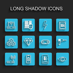 Set line Router and wi-fi, Smartphone battery charge, Micro SD memory card, Eye, Diamond, Drill machine and Gamepad icon. Vector