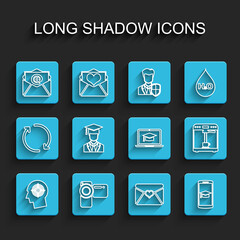 Set line Head hunting concept, Cinema camera, Mail and e-mail, Envelope with Valentine heart, Graduation cap mobile, Graduate graduation, Coffee machine cup and laptop icon. Vector