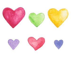 Set of colorful watercolor hearts. Design element. Vector