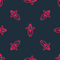 Red line Corn icon isolated seamless pattern on black background. Vector