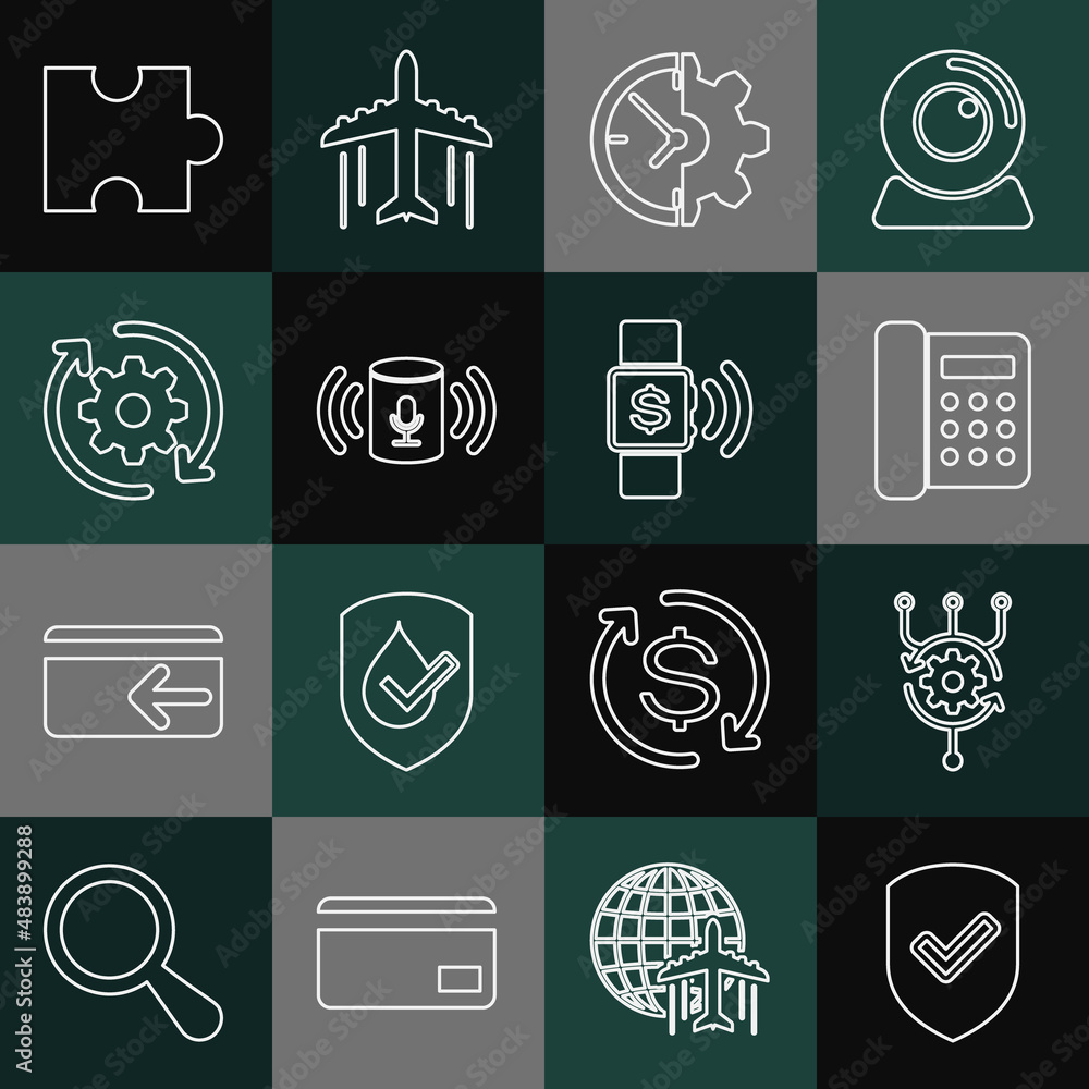 Poster set line shield with check mark, algorithm, telephone, clock and gear, voice assistant, gear arrows 