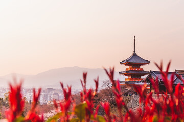 Red sunset with temple