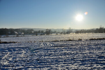 Winter landscape in Poland. Fields covered by snow near Prusice town in Lower Silesia.