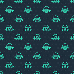 Green line Leprechaun hat icon isolated seamless pattern on blue background. Happy Saint Patricks day. National Irish holiday. Vector