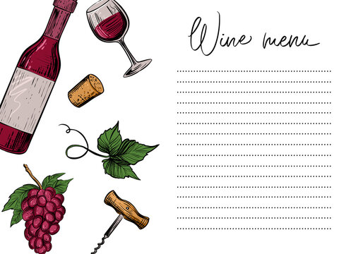 Menu with a bottle of wine, glasses, grapes, cork, corkscrew, color vector illustration