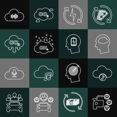 Set line Car sharing, Music streaming service, Head silhouette with cloud, Recharging, Methane emissions reduction, CO2, and low battery icon. Vector