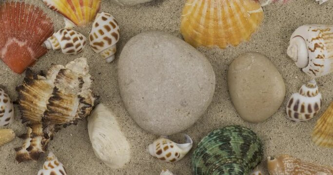 Rotation. Close-up of white stones and seashells in the sand. Top view. Stones and seashell for relaxation