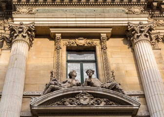 Architectural details of the Brussels Stock Exchange building, founded by decree of Napoleon in 1801