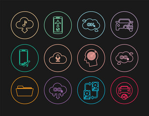 Set line Car sharing, CO2 emissions cloud, Methane reduction, Music streaming service, Flight mode the mobile, Cloud download music, Head hunting concept and icon. Vector