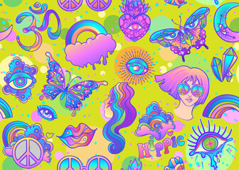 Psychedelic vector seamless pattern: trippy mushrooms, peace sign, acid girl, butterflies, all-seeing eye, om sign. Background with trippy elements in cartoon comic style. - obrazy, fototapety, plakaty