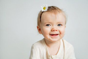 portrait of a smiling baby on a white background with a pigtail on his head and a daisy