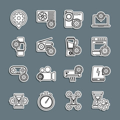 Set line Hourglass setting, Power bank, Oven, Video camera, Radio, Smartwatch, Setting and Blender with bowl icon. Vector
