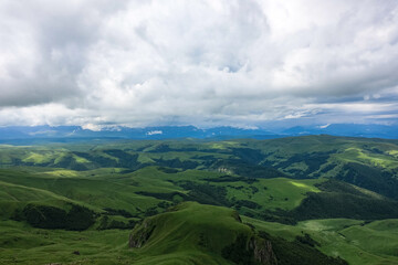 View of the mountains and the Bermamyt plateau in the Karachay-Cherkess Republic, Russia.