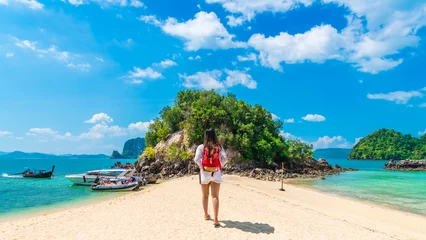Traveler woman on vacation beach joy nature view scenic landscape Phakbia island Krabi, Attraction famous popular place tourist travel Phuket Thailand summer holiday trip, Beautiful destination Asia © day2505