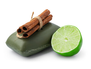 Handmade soap with lime on a white background