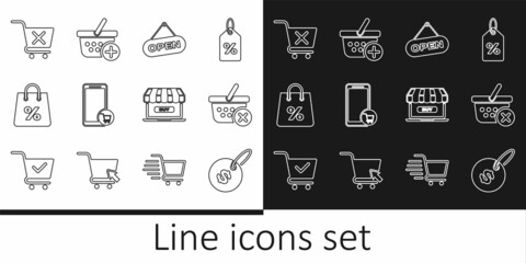 Set line Price tag with dollar, Remove shopping basket, Hanging sign Open door, Mobile and cart, Shopping bag percent, Online and Add to icon. Vector