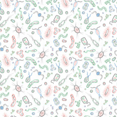 Seamless pattern with contour images of bacteria, germs and viruses , simple colored contour icons on white background
