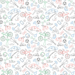 Seamless pattern on the theme of male Hobbies and habits, simple colored contour icons on white background