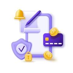 Concept of online banking, shopping, smartphone payment processing. Financial secure transactions, bank card, bill.