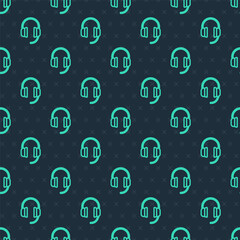 Green line Headphones icon isolated seamless pattern on blue background. Earphones. Concept for listening to music, service, communication and operator. Vector