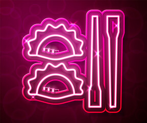 Glowing neon line Dumpling with chopsticks icon isolated on red background. Traditional chinese dish. Vector