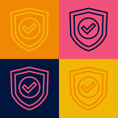 Pop art line Shield with check mark icon isolated on color background. Protection symbol. Security check Icon. Tick mark approved icon. Vector