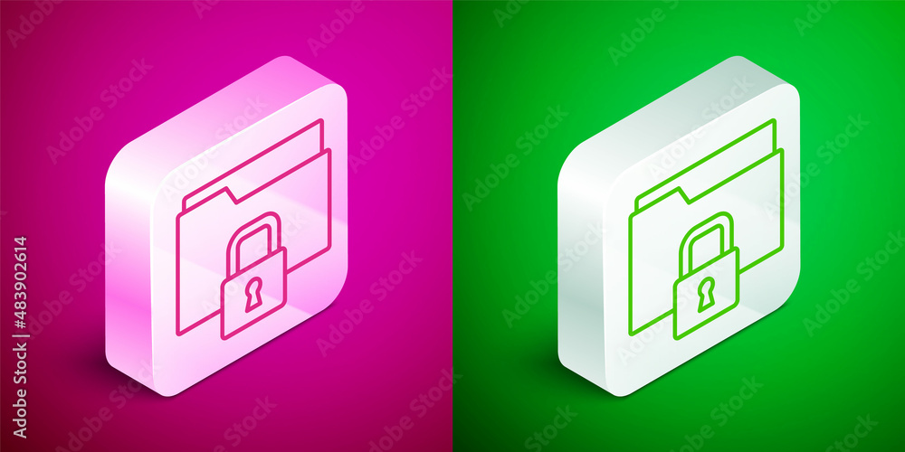 Poster isometric line folder and lock icon isolated on pink and green background. closed folder and padlock