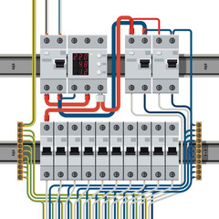 Electrical circuit breakers on din rails connected to wires. Wires are connected to residual current circuit breakers and voltage monitoring relay.