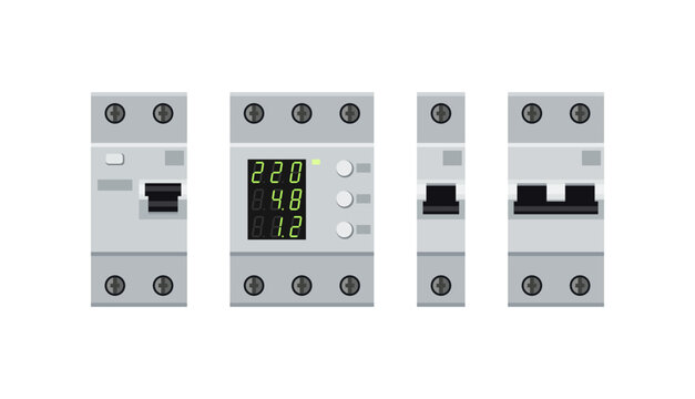 Electricity circuit breakers protecting against overloads in the electrical network. Set of circuit breakers.