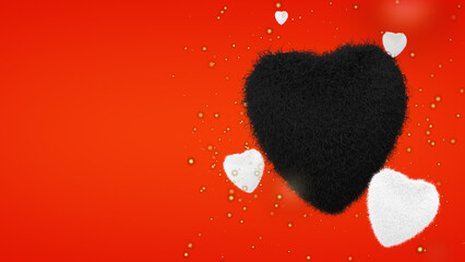 Puffy black and white hearts fly on red background. Concept: valentine's day, anniversary, mother's day, marriage, invitation e-card, 14th-day February. 