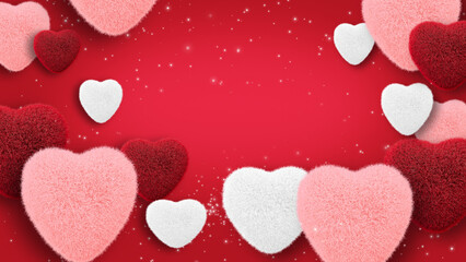 Copy space centre. Puffy red hearts fly on red background. Concept: valentine's day, anniversary,...