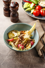 Salad with beef, Chinese cabbage, fennel, oyster mushrooms, pickles and radishes