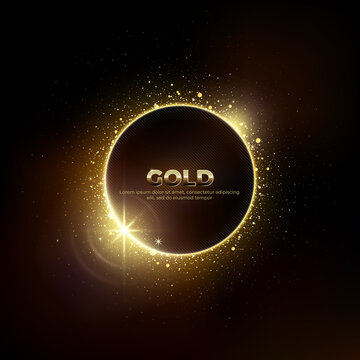 Gold circle of shiny particles on a dark background. Shining gold frame, place for text. Invitation vector background. Round border, frame. Card party Invitation. Lens flare effect on dark