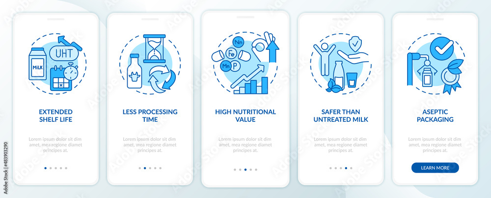 Aufkleber advantages of uht milk blue onboarding mobile app screen. pasteurization walkthrough 5 steps graphic