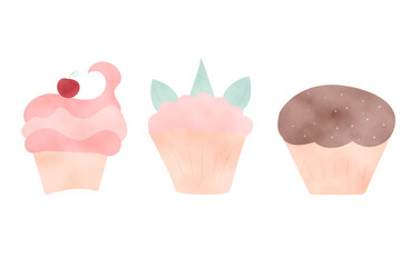 Set of cute watercolor cupcakes