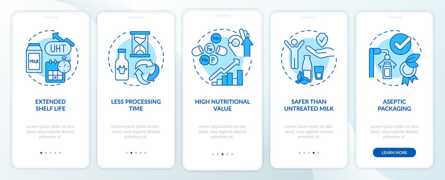 Advantages of UHT milk blue onboarding mobile app screen. Pasteurization walkthrough 5 steps graphic instructions pages with linear concepts. UI, UX, GUI template. Myriad Pro-Bold, Regular fonts used