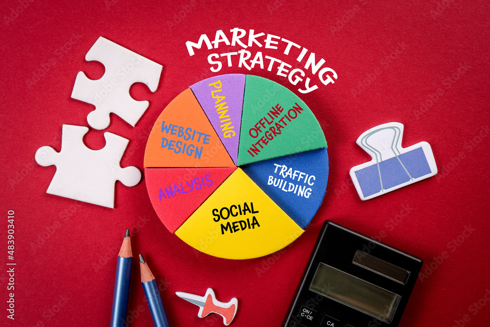 Canvas Prints marketing strategy concept. analysis and planning, office items on a red background