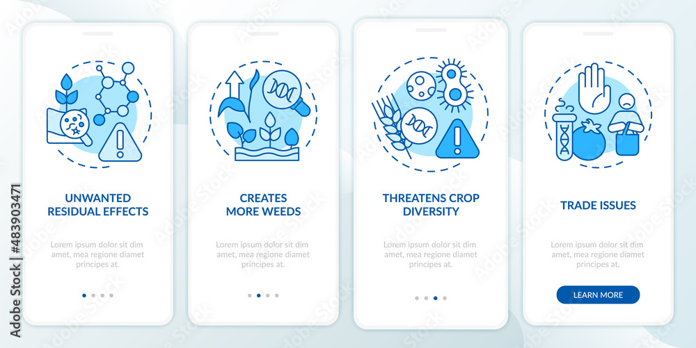 Poster disadvantages of gmo blue onboarding mobile app screen. food issues walkthrough 4 steps graphic inst