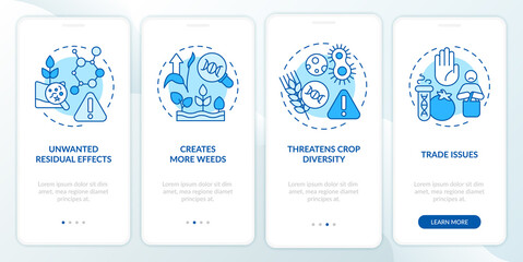 Disadvantages of gmo blue onboarding mobile app screen. Food issues walkthrough 4 steps graphic instructions pages with linear concepts. UI, UX, GUI template. Myriad Pro-Bold, Regular fonts used