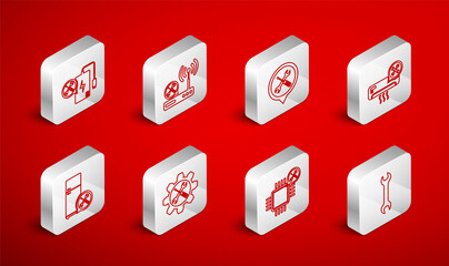 Set line Wrench, Router wi-fi service, Location, Air conditioner, Processor, Power bank, and screwdriver in gear and Refrigerator icon. Vector