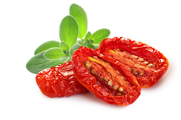 Dried or Sundried tomato halves with sweet  basil isolated