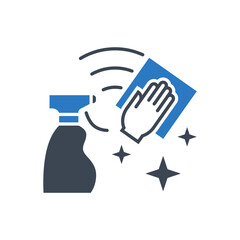 Cleaning related vector glyph icon. Disinfectant Spray and Hand with a Wipe Surface. Clean sign. Isolated on white background. Editable vector illustration