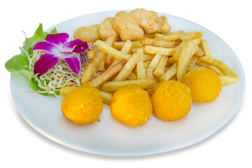 Die cut of cheese ball chicken nuggets and french fried and decoration with vegetable on white isolated.