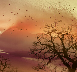 Vector landscape with a flying flock of birds on a background of mountains. watercolor effect 